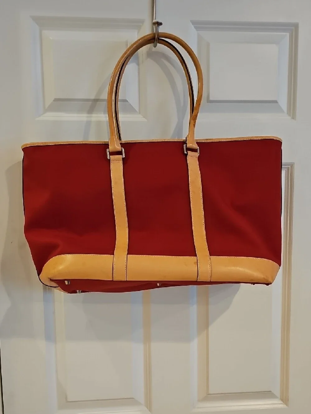 Coach Red Canvas Travel Tote with Tan Leather Trim Lock, Tag